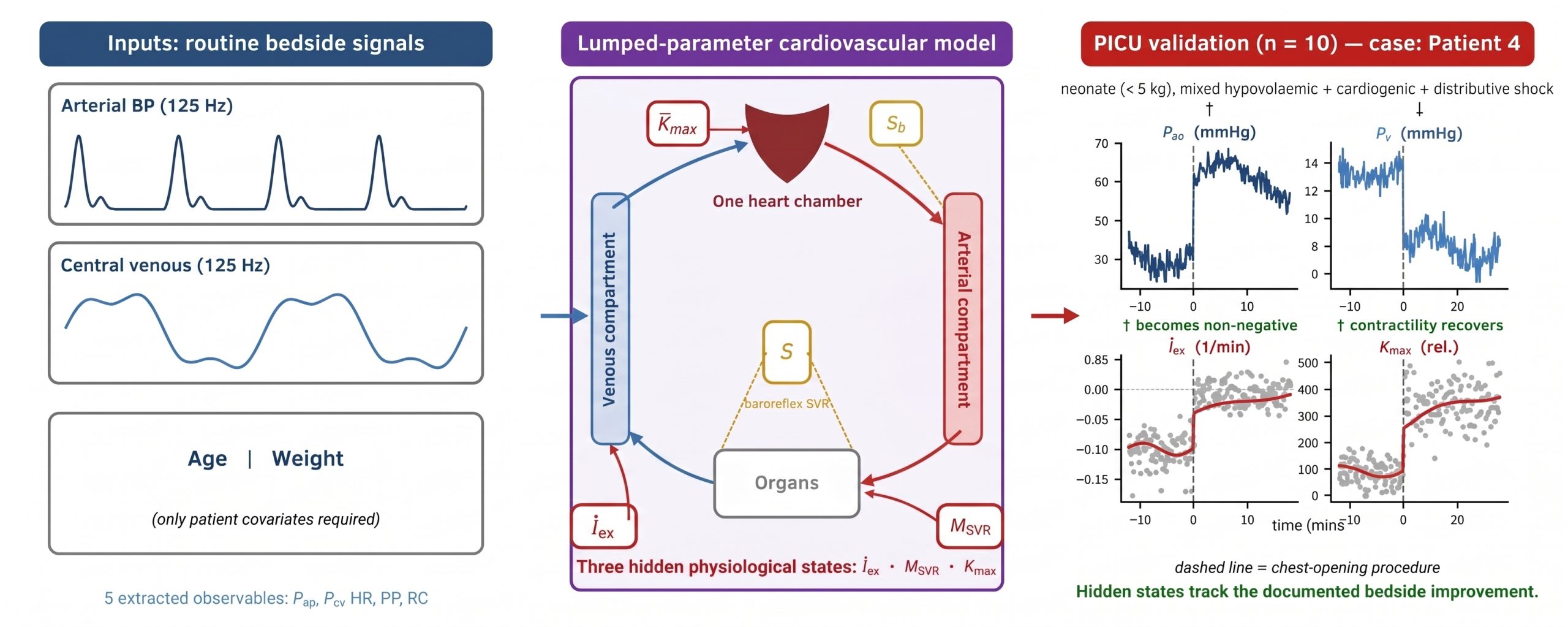 iCVS mechanistic model diagram inferring hidden cardiovascular states from bedside signals, with validation case in a neonate